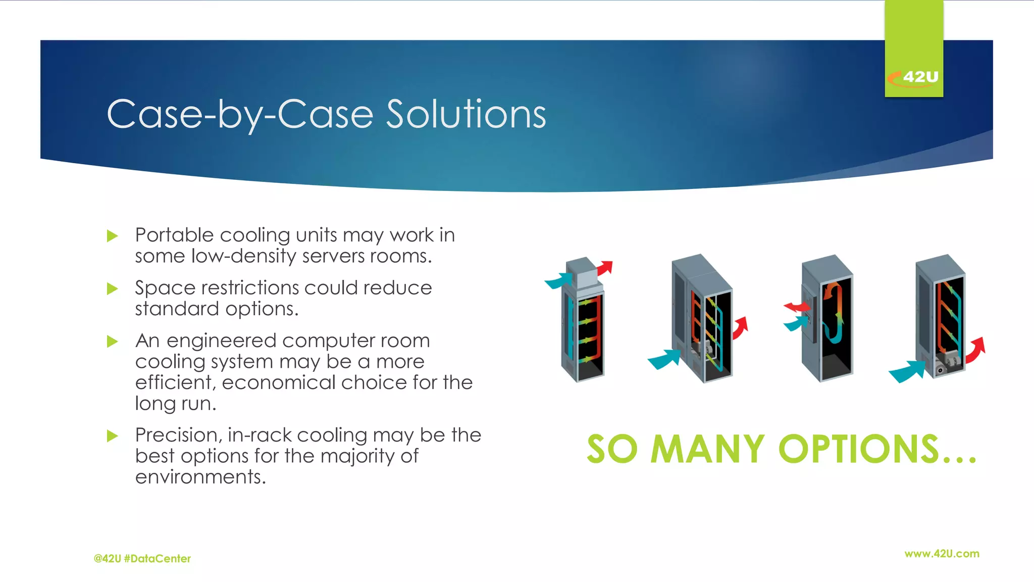 Case-by-Case Solutions
 Portable cooling units may work in
some low-density servers rooms.
 Space restrictions could reduce
standard options.
 An engineered computer room
cooling system may be a more
efficient, economical choice for the
long run.
 Precision, in-rack cooling may be the
best options for the majority of
environments.
www.42U.com@42U #DataCenter
SO MANY OPTIONS…
 