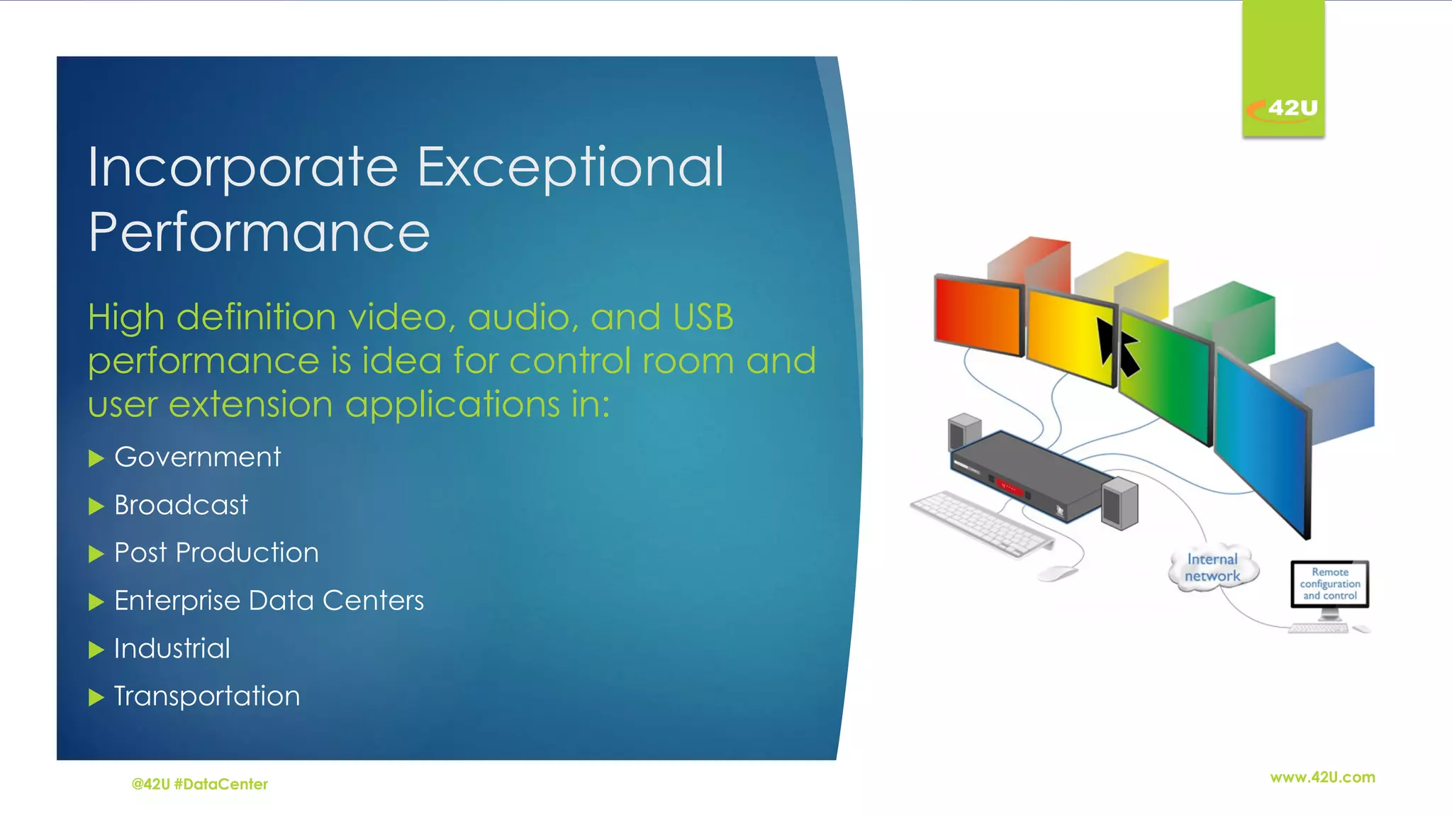 Incorporate Exceptional
Performance
High definition video, audio, and USB
performance is idea for control room and
user extension applications in:
Government
Broadcast
Post Production
Enterprise Data Centers
Industrial
Transportation
@42U #DataCenter www.42U.com