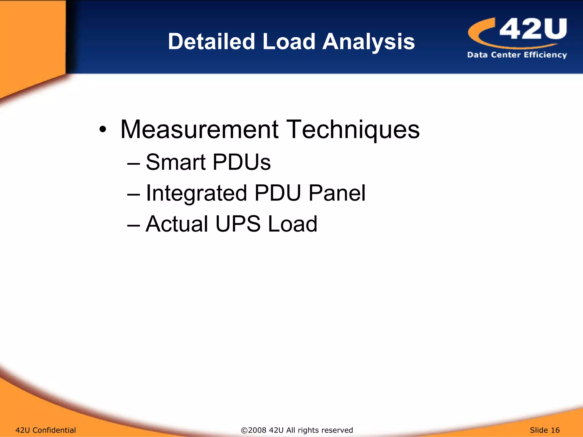 Detailed Load Analysis Measurement Techniques Smart PDUs Integrated PDU Panel Actual UPS Load 42U Confidential   ©2008 42U All rights reserved  Slide  