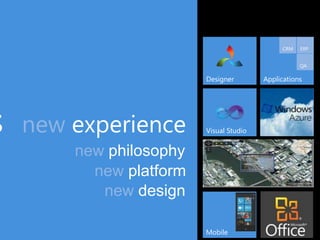 CRM   ERP


                                                       QA

                         Designer        Applications




s   new experience       Visual Studio   Cloud


        new philosophy
          new platform
                         Visual Studio
           new design

                         Mobile
 