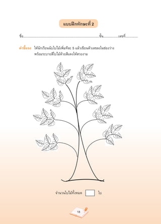 แบบฝึกทักษะที่ 2
ชื่อ......................................................................................ชั้น.................เลขที่..............	

คำชี้แจง	 ให้นักเรียนนับใบไม้เพิ่มทีละ	5	แล้วเขียนตัวเลขลงในช่องว่าง		
	       	 พร้อมระบายสีใบไม้ด้วยสีแดงให้สวยงาม	




                                       จำนวนใบไม้ทั้งหมด															ใบ	


                                                               18
 