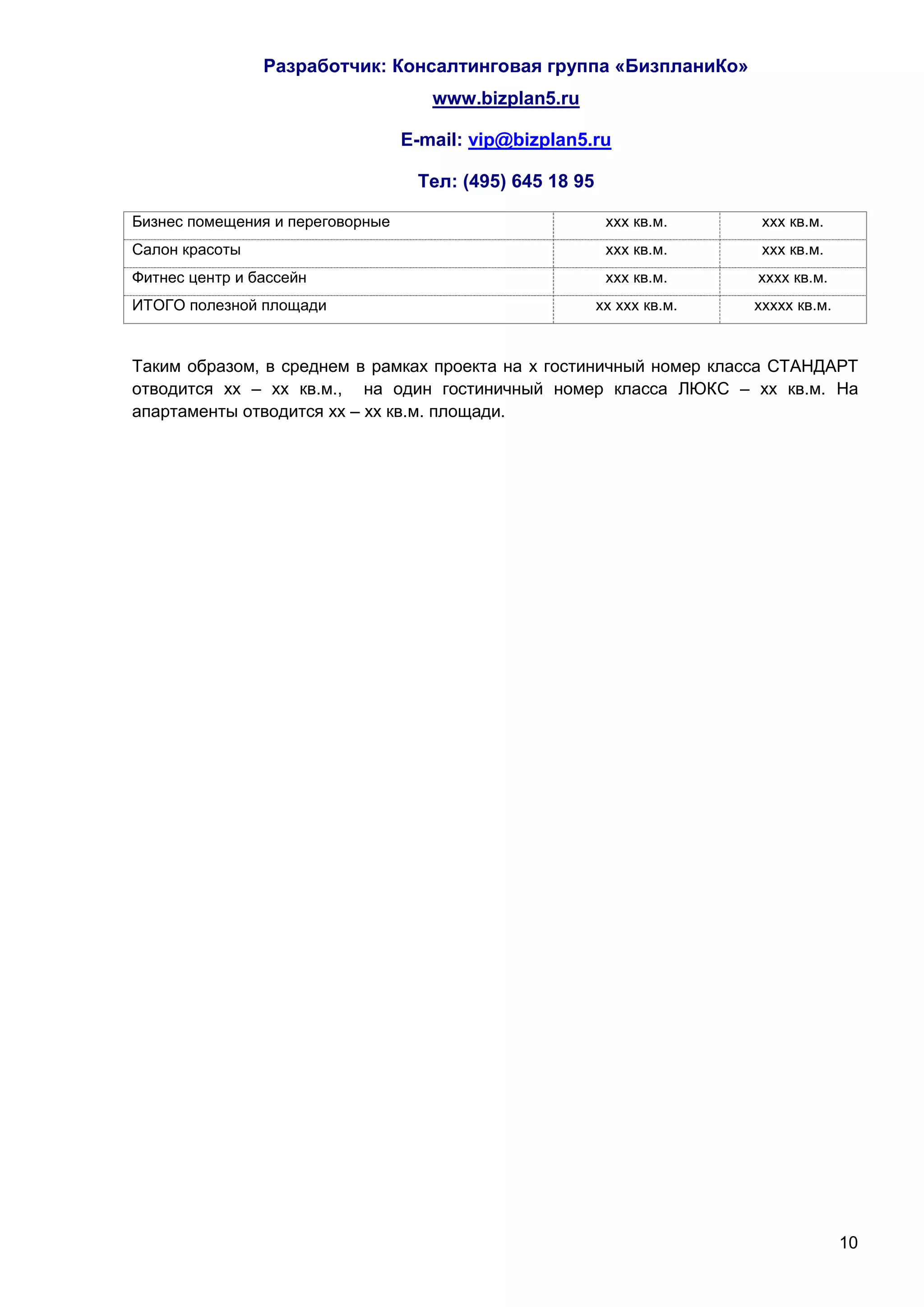Разработчик: Консалтинговая группа «БизпланиКо»
                                     www.bizplan5.ru

                                  E-mail: vip@bizplan5.ru

                                   Тел: (495) 645 18 95

Бизнес помещения и переговорные                            ххх кв.м.      ххх кв.м.
Салон красоты                                              ххх кв.м.      ххх кв.м.
Фитнес центр и бассейн                                     ххх кв.м.     хххх кв.м.
ИТОГО полезной площади                                    хх ххх кв.м.   ххххх кв.м.


Таким образом, в среднем в рамках проекта на х гостиничный номер класса СТАНДАРТ
отводится хх – хх кв.м., на один гостиничный номер класса ЛЮКС – хх кв.м. На
апартаменты отводится хх – хх кв.м. площади.




                                                                                       10
 
