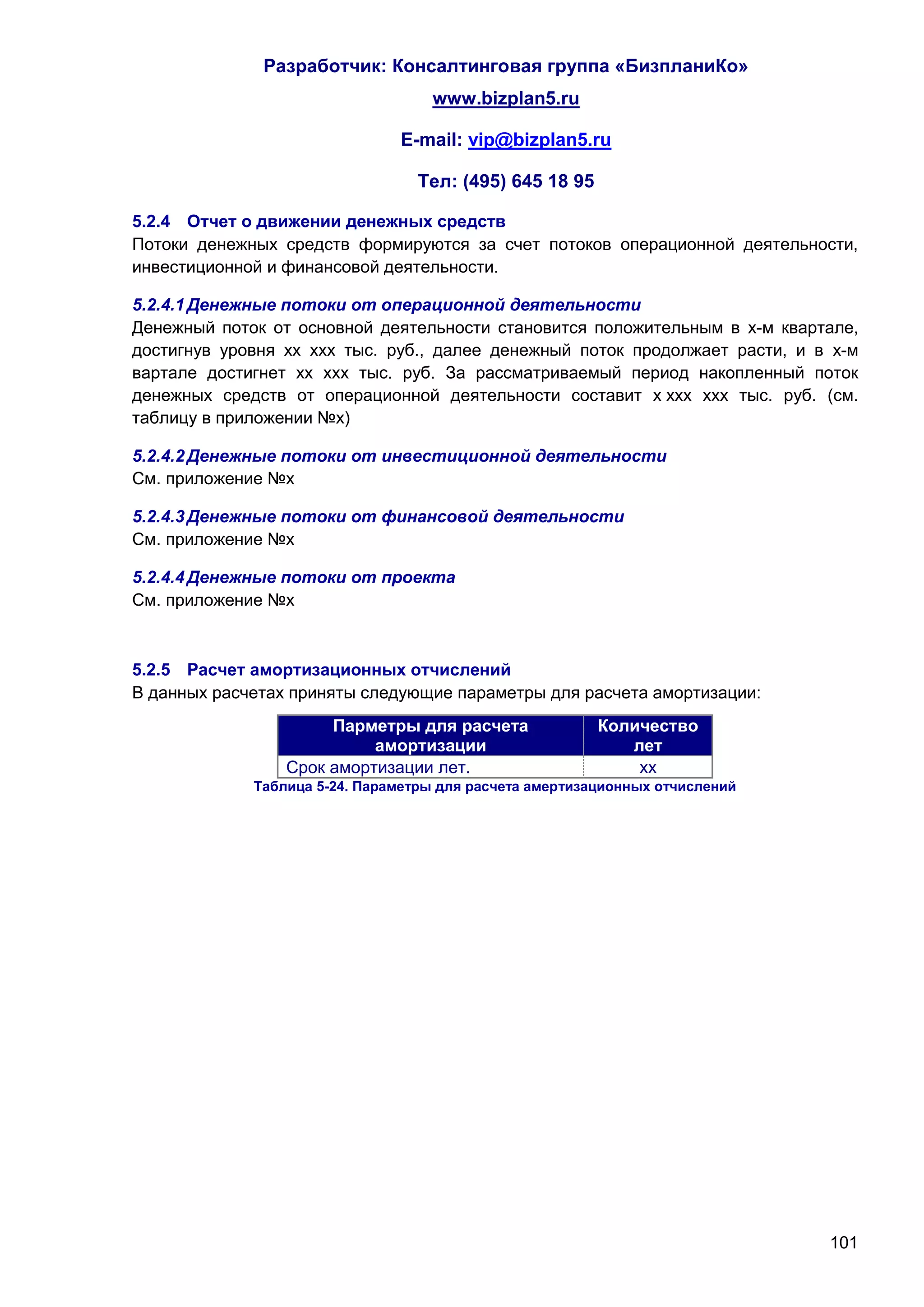 Разработчик: Консалтинговая группа «БизпланиКо»
                                   www.bizplan5.ru

                               E-mail: vip@bizplan5.ru

                                  Тел: (495) 645 18 95

5.2.4 Отчет о движении денежных средств
Потоки денежных средств формируются за счет потоков операционной деятельности,
инвестиционной и финансовой деятельности.

5.2.4.1 Денежные потоки от операционной деятельности
Денежный поток от основной деятельности становится положительным в х-м квартале,
достигнув уровня хх ххх тыс. руб., далее денежный поток продолжает расти, и в х-м
вартале достигнет хх ххх тыс. руб. За рассматриваемый период накопленный поток
денежных средств от операционной деятельности составит х ххх ххх тыс. руб. (см.
таблицу в приложении №х)

5.2.4.2 Денежные потоки от инвестиционной деятельности
См. приложение №х

5.2.4.3 Денежные потоки от финансовой деятельности
См. приложение №х

5.2.4.4 Денежные потоки от проекта
См. приложение №х



5.2.5 Расчет амортизационных отчислений
В данных расчетах приняты следующие параметры для расчета амортизации:
                      Парметры для расчета               Количество
                           амортизации                      лет
                 Срок амортизации лет.                       хх
             Таблица 5-24. Параметры для расчета амертизационных отчислений




                                                                              101
 