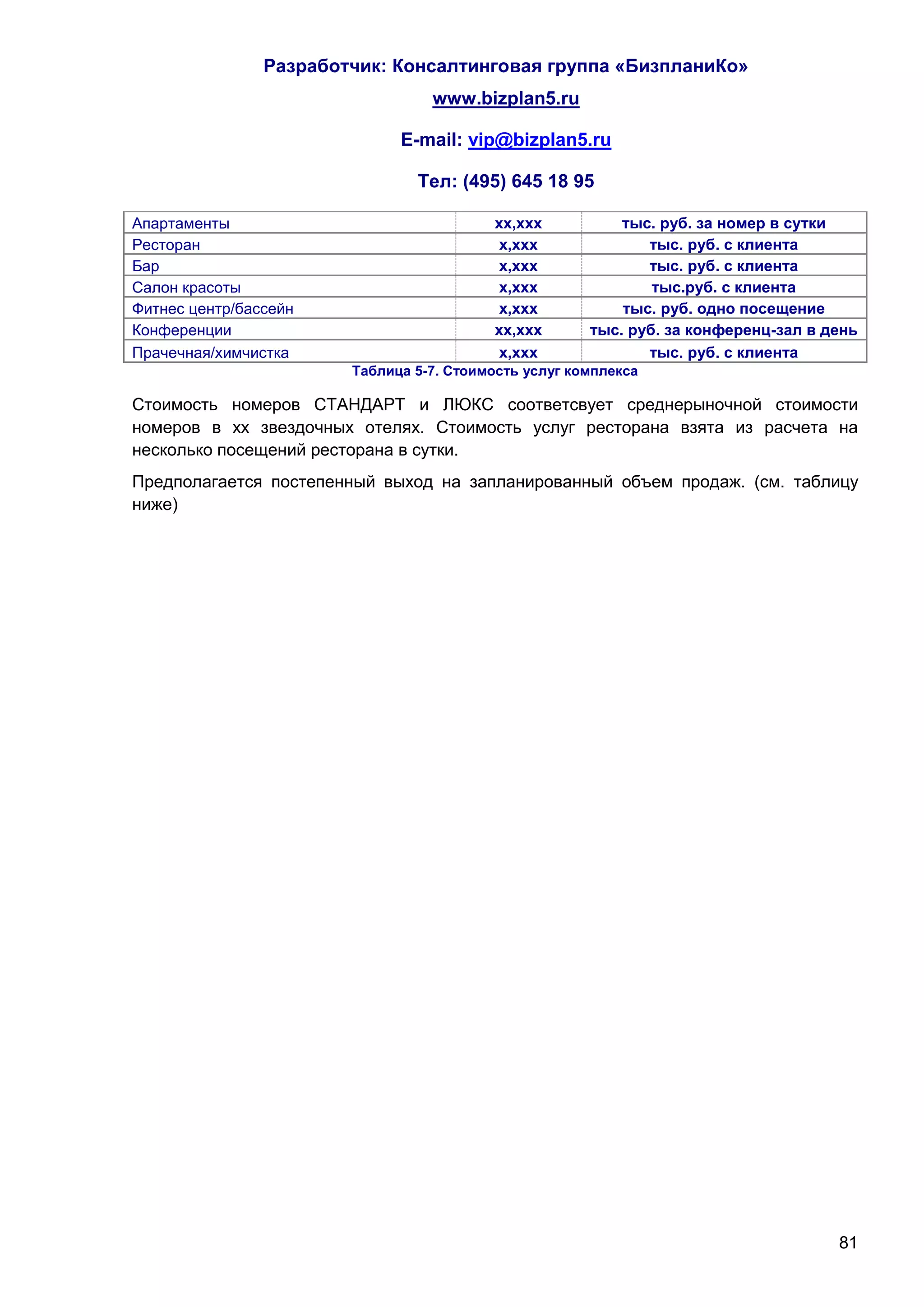 Разработчик: Консалтинговая группа «БизпланиКо»
                                  www.bizplan5.ru

                              E-mail: vip@bizplan5.ru

                                Тел: (495) 645 18 95

Апартаменты                               хх,ххх           тыс. руб. за номер в сутки
Ресторан                                   х,ххх              тыс. руб. с клиента
Бар                                        х,ххх              тыс. руб. с клиента
Салон красоты                              х,ххх               тыс.руб. с клиента
Фитнес центр/бассейн                       х,ххх           тыс. руб. одно посещение
Конференции                               хх,ххх       тыс. руб. за конференц-зал в день
Прачечная/химчистка                        х,ххх              тыс. руб. с клиента
                        Таблица 5-7. Стоимость услуг комплекса

Стоимость номеров СТАНДАРТ и ЛЮКС соответсвует среднерыночной стоимости
номеров в хх звездочных отелях. Стоимость услуг ресторана взята из расчета на
несколько посещений ресторана в сутки.
Предполагается постепенный выход на запланированный объем продаж. (см. таблицу
ниже)




                                                                                     81
 