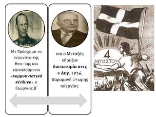 Με πρόσχημα τα
γεγονότα της
Θεσ/κης και
επικαλούμενοι
«κομμουνιστικό
κίνδυνο», ο
Γεώργιος Β΄
και ο Μεταξάς
κήρυξαν
δικτατορία στις
4 Αυγ. 1936,
παραμονή 24ωρης
απεργίας.
 