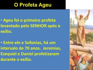 • Ageu foi o primeiro profeta
levantado pelo SENHOR após o
exílio.
• Entre ele e Sofonias, há um
intervalo de 70 anos. Jeremias,
Ezequiel e Daniel profetizaram
durante o exílio.
O Profeta Ageu
 