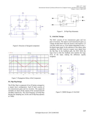 ISSN: 2277 – 9043
                                                  International Journal of Advanced Research in Computer Science and Electronics Engineering
                                                                                                                Volume 1, Issue 2, April 2012




                                                                                     Figure 8 . D Flip-Flop Schematic


                                                                       X . 1-bit DAC Design

                                                                       The DAC consists of two transmission gates and two
                                                                       pairs of resistors. The input to each transmission gate is a
                                                                       voltage divided down from the positive and negative 2.5
       Figure 6: Structure of designed comparator                      volt rails which acts as ±Vref signals depending on the 1-
                                                                       bit digital input signal. In the operation of the sigma−delta
                                                                       modulator, the DAC receives a square wave signal from
                                                                       the flip−flop. In the feedback path, the DAC shifts the
                                                                       logic level so that the feedback term matches the logic
                                                                       level of the input; making the difference equally
                                                                       weighted.




     Figure 7: Propagation Delay of the Comparator

IX. Flip-Flop Design

The D flip−flop is composed of two D latches arranged in
a master−slave configuration. Each D latch consists of
two transmission gates and two inverters. The outputs Q
and Qbar are taken off the outputs of the second D latch B
and Bbar respectively. The clock frequency of D flip-flop                          Figure 9. CMOS Design of 1-bit DAC
decides the sampling rate .In this case D flip-flop operates
at 5 MHz




                                                                                                                                        127
                                            All Rights Reserved © 2012 IJARCSEE
 
