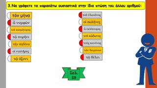 3.Να γράψετε τα παρακάτω ουσιαστικά στην ίδια πτώση του άλλου αριθμού: 
τόν μῆνα 
ὦνυμφών 
τοῦκοσμήτορος 
τῷπυρῆνι 
τήνἀηδόνα 
οἱνιπτῆρες 
τῷἄξονι 
τοῦέλαιῶνος 
οἱσωλῆνες 
ὦἐκλέκτορες 
τοῦκώδωνος 
τούς κανόνας 
τῶνδαιμόνων 
τῷβέλει  