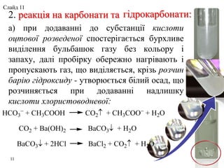 2. реакція на карбонати та
а) при додаванні до субстанції кислоти
оцтової розведеної спостерігається бурхливе
виділення бульбашок газу без кольору і
запаху, далі пробірку обережно нагрівають і
пропускають газ, що виділяється, крізь розчин
барію гідроксиду - утворюється білий осад, що
розчиняється при додаванні надлишку
кислоти хлористоводневої:
HCO3

+ CH3COOH CO2 + CH3COO
+ H2O
CO2 + Ba(OH)2 BaCO3 + H2O
BaCO3 + 2HCl BaCl2 + CO2 + H2O
гідрокарбонати:
11
Слайд 11
 