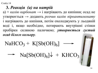 3. Реакція (а) на натрій
а) + калію карбонат → і нагрівають до кипіння; осад не
утворюється → додають розчин калію піроантимонату
і нагрівають до кипіння, потім охолоджують у льодяній
воді і, якщо необхідно, потирають внутрішні стінки
пробірки скляною паличкою; утворюється густий
осад білого кольору.
NaHCO3 + K[Sb(OH)6] 
Na[Sb(OH)6] + KHCO3
14
Слайд 14
 