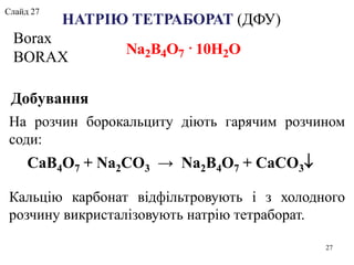 НАТРІЮ ТЕТРАБОРАТ (ДФУ)
Воrах
BORAX
Na2B4O7  10H2O
Добування
На розчин борокальциту діють гарячим розчином
соди:
Кальцію карбонат відфільтровують і з холодного
розчину викристалізовують натрію тетраборат.
CaB4O7 + Na2CO3 → Na2B4O7 + CaCO3
27
Слайд 27
 