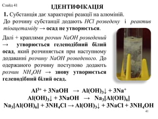 ІДЕНТИФІКАЦІЯ
1. Субстанція дає характерні реакції на алюміній.
До розчину субстанції додають HCl розведену і реактив
тіоацетаміду → осад не утворюється.
Al3+ + 3NaOH → Al(OH)3↓ + 3Na+
Al(OH)3↓ + 3NaOH → Na3[Al(OH)6]
Na3[Al(OH)6] + 3NH4Cl → Al(OH)3↓ + 3NaCl + 3NH4OH
Далі + краплями розчин NaOH розведений
→ утворюється гелеподібний білий
осад, який розчиняється при наступному
додаванні розчину NaOH розведеного. До
одержаного розчину поступово додають
розчин NH4OH → знову утворюється
гелеподібний білий осад.
41
Слайд 41
 
