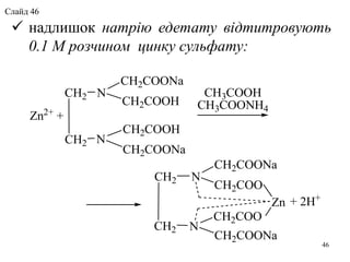  надлишок натрію едетату відтитровують
0.1 М розчином цинку сульфату:
46
CH2
CH2
N
N
CH2COONa
CH2COO
CH2COO
CH2COONa
Zn
Zn2+
+
CH2
CH2
N
N
CH2COONa
CH2COOH
CH2COOH
CH2COONa
+ 2H+
CH3COOH
CH3COONH4
Слайд 46
 