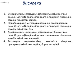 ВисновкиСлайд 49
1. Ознайомились з методами добування, особливостями
реакцій ідентифікації та кількісного визначення лікарських
засобів, які містять карбон.
2. Ознайомились з методами добування, особливостями
реакцій ідентифікації та кількісного визначення лікарських
засобів, які містять бор.
3. Ознайомились з методами добування, особливостями
реакцій ідентифікації та кількісного визначення лікарських
засобів, які містять алюміній.
4. Розглянули фармакологічну активність лікарських
препаратів, які містять карбон, бор та алюміній.
 