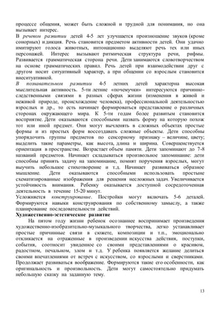 13
процессе общения, может быть сложной и трудной для понимания, но она
вызывает интерес.
В речевом развитии детей 4-5 лет улучшается произношение звуков (кроме
сонорных) идикция. Речь становится предметом активности детей. Они удачно
имитируют голоса животных, интонационно выделяют речь тех или иных
персонажей. Интерес вызывают ритмическая структура речи, рифмы.
Развивается грамматическая сторона речи. Дети занимаются словотворчеством
на основе грамматических правил. Речь детей при взаимодействии друг с
другом носит ситуативный характер, а при общении со взрослым становится
внеситуативной.
В познавательном развитии 4-5 летних детей характерна высокая
мыслительная активность. 5-ти летние «почемучки» интересуются причинно-
следственными связями в разных сферах жизни (изменения в живой и
неживой природе, происхождение человека), профессиональной деятельностью
взрослых и др., то есть начинает формироваться представление о различных
сторонах окружающего мира. К 5-ти годам более развитым становится
восприятие. Дети оказываются способными назвать форму на которую похож
тот или иной предмет. Они могут вычленять в сложных объектах простые
формы и из простых форм воссоздавать сложные объекты. Дети способны
упорядочить группы предметов по сенсорному признаку – величине, цвету;
выделить такие параметры, как высота, длина и ширина. Совершенствуется
ориентация в пространстве. Возрастает объем памяти. Дети запоминают до 7-8
названий предметов. Начинает складываться произвольное запоминание: дети
способны принять задачу на запоминание, помнят поручения взрослых, могут
выучить небольшое стихотворение и т.д. Начинает развиваться образное
мышление. Дети оказываются способными использовать простыне
схематизированные изображения для решения несложных задач. Увеличивается
устойчивость внимания. Ребенку оказывается доступной сосредоточенная
деятельность в течение 15-20 минут.
Усложняется конструирование. Постройки могут включать 5-6 деталей.
Формируются навыки конструирования по собственному замыслу, а также
планирование последовательности действий.
Художественно-эстетическое развитие
На пятом году жизни ребенок осознаннее воспринимает произведения
художественно-изобразительно-музыкального творчества, легко устанавливает
простые причинные связи в сюжете, композиции и т.п., эмоционально
откликается на отраженные в произведении искусства действия, поступки,
события, соотносит увиденное со своими представлениями о красивом,
радостном, печальном, злом и т.д. У ребенка появляется желание делиться
своими впечатлениями от встреч с искусством, со взрослыми и сверстниками.
Продолжает развиваться воображение. Формируются такие его особенности, как
оригинальность и произвольность. Дети могут самостоятельно придумать
небольшую сказку на заданную тему.
 