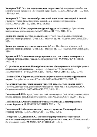 134
Комарова Т. С. Детское художественноетворчество. Методическоепособиедля
воспитателей и педагогов.-2-е издание, испр. и доп. - М.:МОЗАИКА-СИНТЕЗ, 2008.-
160 с.:цв. вкл.
Комарова Т.С. Занятияпо изобразительной деятельностиво второй младшей
группе детского сада. Конспекты занятий.-2-е издание, исправленное.-
М.:МОЗАИКА-СИНТЕЗ, 2011.- 96 с.: цв. вкл.
Куцакова Л.В. Конструированиеи ручной труд в детском саду. Программаи
методическиерекомендации.- М.:МОЗАИКА-СИНТЕЗ, 2010.- 64 с.
Книга длячтения в детском садуи дома: 5-7 лет: Пособиедля воспитателей
детского садаи родителей / Сост. В.В. Гербоваи др.-М.: Издательство Оникс, 2011.-
352 с.
Книга длячтения в детском садуи дома:4-5 лет: Пособиедля воспитателей
детского садаи родителей / Сост. В.В. Гербоваи др. –М. : Издательство Оникс, 2011.-
336 с.
Куцакова Л.В. Занятияпо конструированию из строительногоматериала в
старшей группе детскогосада.Конспекты занятий. - М.:МОЗАИКА-СИНТЕЗ,
2010.- 48 с.
От рождения до школы. Примерная основнаяобщеобразовательнаяпрограмма
дошкольногообразования/ Под ред. Н.Е.Вераксы, Т.С.Комаровой,
М.А.Васильевой.- 2-е изд., испр. и доп. - М.:МОЗАИКА-СИНТЕЗ, 2012.- 336 с.
Павлова Л.Ю. Сборник дидактическихигрпо ознакомлениюс окружающим
миром: Для работы с детьми 4-7 лет.- М.:МОЗАИКА-СИНТЕЗ, 2012.- 80 с.
Педагогическаядиагностикаразвитиядетей перед поступлением вшколу.
Пособиедля педагогов дошкольныхучреждений/ Под ред. Т.С.Комаровой,О.А.
Соломенниковой.-М.:МОЗАИКА-СИНТЕЗ, 2011.- 96 с.
Пензулаева Л. И.Физкультурные занятия в детском саду. Подготовительная к школе
группа детского сада. Конспекты занятий.-М.: МОЗАИКА-СИНТЕЗ, 2011.-112 с.
Пензулаева Л.И. Физическаякультура в детском саду. Система работы в
средней группе.- М.:МОЗАИКА-СИНТЕЗ, 2012.- 112 с.
Пензулаева Л.И. Физическаякультура в детском саду. Система работы в
старшей группе.- М.:МОЗАИКА-СИНТЕЗ, 2012.- 128 с.
Помораева И.А., Позина В.А. Занятияпо формированию элементарных
математическихпредставлений встаршей группе детскогосада. Планы занятий.-
2-е изд., испр. и доп.-М. МОЗАИКА-СИНТЕЗ, 2011.-80 с.
 