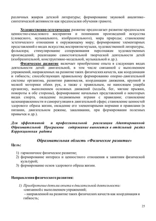 25
различных жанров детской литературы; формирование звуковой аналитико-
синтетической активности как предпосылки обучения грамоте.
Художественно-эстетическое развитие предполагает развитие предпосылок
ценностно-смыслового восприятия и понимания произведений искусства
(словесного, музыкального, изобразительного), мира природы; становление
эстетического отношения к окружающему миру; формирование элементарных
представлений о видах искусства;восприятиемузыки, художественной литературы,
фольклора; стимулирование сопереживания персонажам художественных
произведений; реализацию самостоятельной творческой деятельности детей
(изобразительной, конструктивно-модельной, музыкальной и др.).
Физическое развитие включает приобретение опыта в следующих видах
деятельности детей: двигательной, в том числе связанной с выполнением
упражнений, направленных на развитие таких физическихкачеств, как координация
и гибкость; способствующих правильному формированию опорно-двигательной
системы организма, развитию равновесия, координации движения, крупной и
мелкой моторики обеих рук, а также с правильным, не наносящем ущерба
организму, выполнением основных движений (ходьба, бег, мягкие прыжки,
повороты в обе стороны), формирование начальных представлений о некоторых
видах спорта, овладение подвижными играми с правилами; становление
целенаправленности и саморегуляциив двигательной сфере; становление ценностей
здорового образа жизни, овладение его элементарными нормами и правилами (в
питании, двигательном режиме, закаливании, при формировании полезных
привычек и др.).
Для эффективной и профессиональной реализации Адаптированной
Образовательной Программы содержание выносится в отдельный раздел
Коррекционная работа
Образовательная область «Физическое развитие»
Цель:
1) гармоничное физическое развитие;
2) формирование интереса и ценностного отношения к занятиям физической
культурой;
3) формирование основ здорового образа жизни.
Направленияфизическогоразвития:
1) Приобретениедетьми опыта в двигательной деятельности:
-связанной с выполнением упражнений;
- направленной на развитие таких физических качеств как координация и
гибкость;
 