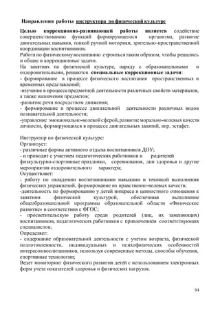94
Направления работы инструктора по физической культуре
Целью коррекционно-развивающей работы является содействие
совершенствованию функций формирующегося организма, развитие
двигательных навыков, тонкой ручной моторики, зрительно-пространственной
координации воспитанников.
Работа по физическомувоспитанию строитьсятаким образом, чтобы решались
и общие и коррекционные задачи.
На занятиях по физической культуре, наряду с образовательными и
оздоровительными, решаются специальные коррекционные задачи:
- формирование в процессе физического воспитания пространственных и
временных представлений;
-изучение в процессепредметной деятельности различных свойств материалов,
а также назначения предметов;
-развитие речи посредством движения;
- формирование в процессе двигательной деятельности различных видов
познавательной деятельности;
-управление эмоционально-волевойсферой,развитиеморально-волевыхкачеств
личности, формирующихся в процессе двигательных занятий, игр, эстафет.
Инструктор по физической культуре:
Организует:
- различные формы активного отдыха воспитанников ДОУ;
- и проводит с участием педагогических работников и родителей
физкультурно-спортивные праздники, соревнования, дни здоровья и другие
мероприятия оздоровительного характера;
Осуществляет:
- работу по овладению воспитанниками навыками и техникой выполнения
физических упражнений, формирование их нравственно-волевых качеств;
-деятельность по формированию у детей интереса и ценностного отношения к
занятиям физической культурой, обеспечивая выполнение
общеобразовательной программы образовательной области «Физическое
развитие» в соответствии с ФГОС;
- просветительскую работу среди родителей (лиц, их заменяющих)
воспитанников, педагогических работников с привлечением соответствующих
специалистов;
Определяет:
- содержание образовательной деятельности с учетом возраста, физической
подготовленности, индивидуальных и психофизических особенностей
интересов воспитанников, используя современные методы, способы обучения,
спортивные технологии;
Ведет мониторинг физического развития детей с использованием электронных
форм учета показателей здоровья и физических нагрузок.
 