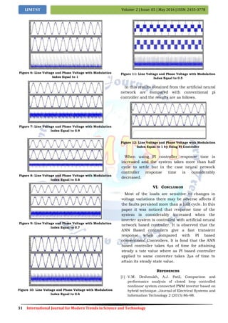 31 International Journal for Modern Trends in Science and Technology
Volume: 2 | Issue: 05 | May 2016 | ISSN: 2455-3778IJMTST
Figure 6: Line Voltage and Phase Voltage with Modulation
Index Equal to 1
Figure 7: Line Voltage and Phase Voltage with Modulation
Index Equal to 0.9
Figure 8: Line Voltage and Phase Voltage with Modulation
Index Equal to 0.8
Figure 9: Line Voltage and Phase Voltage with Modulation
Index Equal to 0.7
Figure 10: Line Voltage and Phase Voltage with Modulation
Index Equal to 0.6
Figure 11: Line Voltage and Phase Voltage with Modulation
Index Equal to 0.5
In this results obtained from the artificial neural
network are compared with conventional pi
controller and the results are as follows.
Figure 12: Line Voltage and Phase Voltage with Modulation
Index Equal to 1 by Using PI Controller
When using PI controller response time is
increased and the system takes more than half
cycle to settle but in the case neural network
controller response time is considerably
decreased.
VI. CONCLUSION
Most of the loads are sensitive to changes in
voltage variations there may be adverse affects if
the faults persisted more than a half cycle. In this
paper it was noticed that response time of the
system is considerably increased when the
inverter system is controlled with artificial neural
network based controller. It is observed that the
ANN Based controllers give a fast transient
response when compared with PI based
conventional Controllers. It is fond that the ANN
based controller takes 4µs of time for attaining
steady s tate value where as PI based controller
applied to same converter takes 2µs of time to
attain its steady state value.
REFERENCES
[1] V.M. Deshmukh, A.J. Patil, Comparison and
performance analysis of closed loop controlled
nonlinear system connected PWM inverter based on
hybrid technique, Journal of Electrical Systems and
Information Technology 2 (2015) 86–98.
 