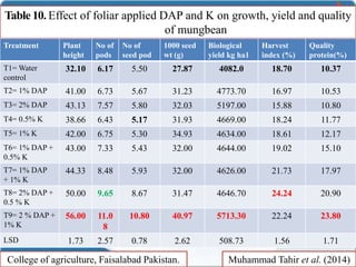 Table 10. Effect of foliar applied DAP and K on growth, yield and quality
of mungbean
Treatment Plant
height
No of
pods
No of
seed pod
1000 seed
wt (g)
Biological
yield kg ha1
Harvest
index (%)
Quality
protein(%)
T1= Water
control
32.10 6.17 5.50 27.87 4082.0 18.70 10.37
T2= 1% DAP 41.00 6.73 5.67 31.23 4773.70 16.97 10.53
T3= 2% DAP 43.13 7.57 5.80 32.03 5197.00 15.88 10.80
T4= 0.5% K 38.66 6.43 5.17 31.93 4669.00 18.24 11.77
T5= 1% K 42.00 6.75 5.30 34.93 4634.00 18.61 12.17
T6= 1% DAP +
0.5% K
43.00 7.33 5.43 32.00 4644.00 19.02 15.10
T7= 1% DAP
+ 1% K
44.33 8.48 5.93 32.00 4626.00 21.73 17.97
T8= 2% DAP +
0.5 % K
50.00 9.65 8.67 31.47 4646.70 24.24 20.90
T9= 2 % DAP +
1% K
56.00 11.0
8
10.80 40.97 5713.30 22.24 23.80
LSD 1.73 2.57 0.78 2.62 508.73 1.56 1.71
College of agriculture, Faisalabad Pakistan. Muhammad Tahir et al. (2014)
 