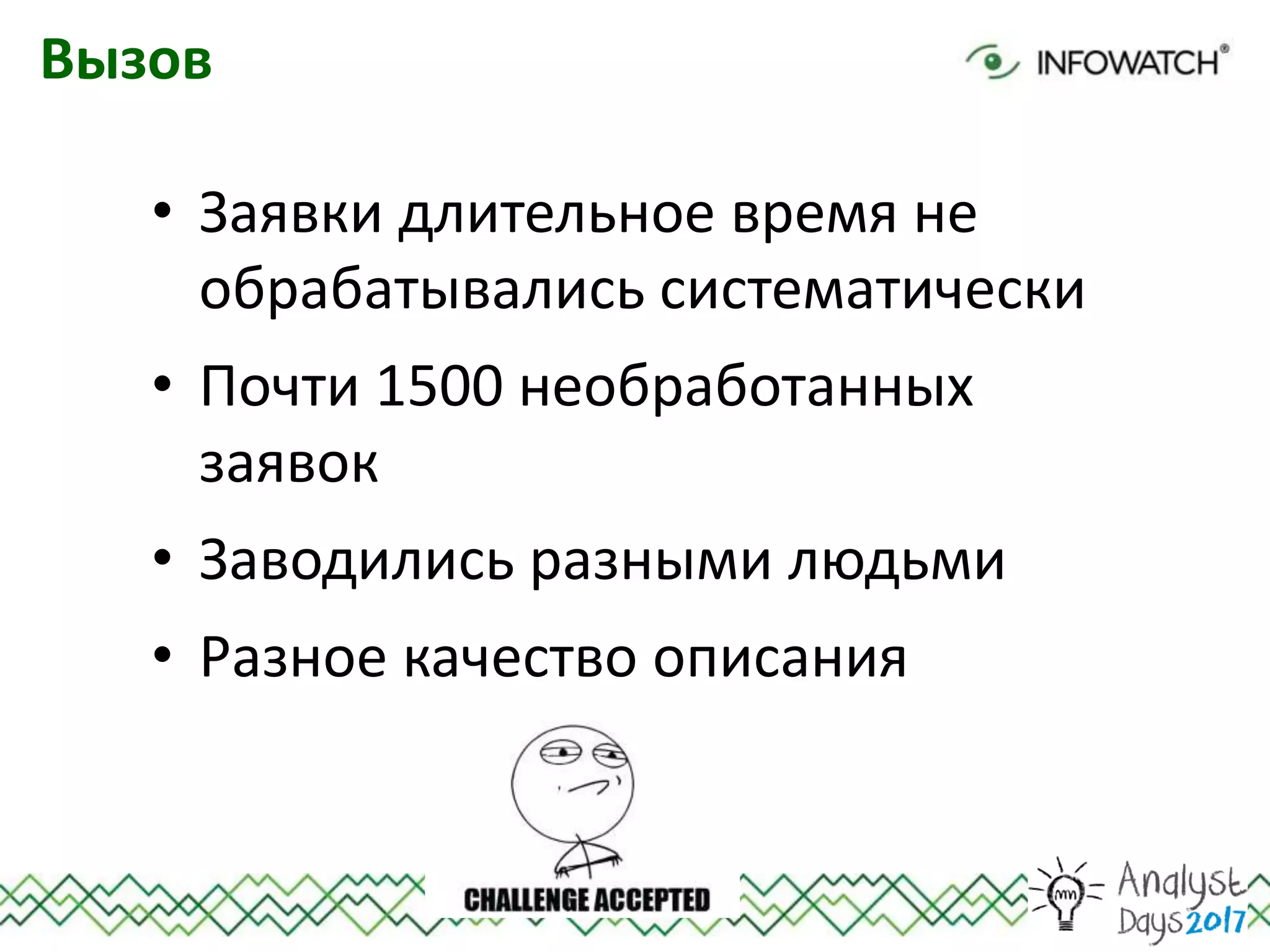 Вызов
• Заявки длительное время не
обрабатывались систематически
• Почти 1500 необработанных
заявок
• Заводились разными людьми
• Разное качество описания
 