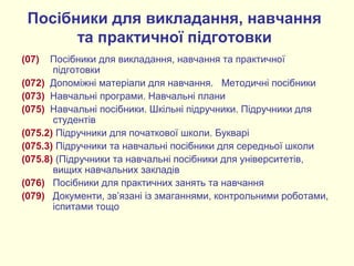 Посібники для викладання, навчання
та практичної підготовки
(07) Посібники для викладання, навчання та практичної
підготовки
(072) Допоміжні матеріали для навчання. Методичні посібники
(073) Навчальні програми. Навчальні плани
(075) Навчальні посібники. Шкільні підручники. Підручники для
студентів
(075.2) Підручники для початкової школи. Букварі
(075.3) Підручники та навчальні посібники для середньої школи
(075.8) (Підручники та навчальні посібники для університетів,
вищих навчальних закладів
(076) Посібники для практичних занять та навчання
(079) Документи, зв’язані із змаганнями, контрольними роботами,
іспитами тощо
 