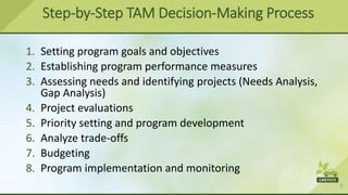 7
Step-by-Step TAM Decision-Making Process
1. Setting program goals and objectives
2. Establishing program performance measures
3. Assessing needs and identifying projects (Needs Analysis,
Gap Analysis)
4. Project evaluations
5. Priority setting and program development
6. Analyze trade-offs
7. Budgeting
8. Program implementation and monitoring
 
