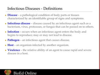 Infectious Diseases - Definitions
 Disease – a pathological condition of body parts or tissues
characterized by an identi...