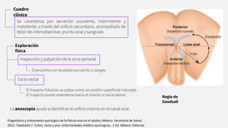 Cuadro
clínico
Se caracteriza por secreción purulenta, intermitente y
maloliente, a través del oriﬁcio secundario, acompañado de
dolor de intensidad leve, prurito anal y sangrado.
Exploración
física
Inspección y palpación de la zona perianal
Regla de
Goodsall
Granuloma con exudado purulento o sangre.
Tacto rectal
El trayecto ﬁstuloso se palpa como un cordón superﬁcial indurado.
El trayecto puede extenderse hacia el interior o hacia lateral.
La anoscopia ayuda a identiﬁcar el oriﬁcio interno en el canal anal.
Diagnóstico y tratamiento quirúrgico de la fístula anal en el adulto; México. Secretaria de Salud;
2013. Takahashi T. Colon, recto y ano: enfermedades médico-quirúrgicas . 1 Ed. México. Editorial
 