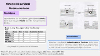 Tratamiento quirúrgico
Fístulas anales simples
Fistulotomía
Fistulectomía
Técnica similar a la ﬁstulectomía, pero se reseca sólo el
tejido que incluye el techo. Se debe marsupializar los
bordes.
Resección completa de todo el trayecto ﬁstuloso. Se hace una
incisión en la piel, de extremo a extremo de la fístula, se profundiza
el corte con electrobisturí y se extirpa el trayecto ﬁstuloso.
Escala de Jorge Wexner para valorar incontinencia
fecal
Con puntaje de 0, se realizará manometría
Takahashi T. Colon, recto y ano: enfermedades médico-quirúrgicas . 1 Ed. México. Editorial ETM; 2003.
Diagnóstico y tratamiento quirúrgico de la fístula anal en el adulto; México. Secretaria de Salud; 2013.
 
