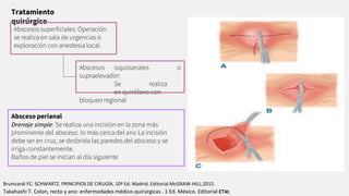 Tratamiento
quirúrgico
Absceso perianal
Drenaje simple: Se realiza una incisión en la zona más
prominente del absceso. lo más cerca del ano La incisión
debe ser en cruz, se desbrida las paredes del absceso y se
irriga constantemente.
Baños de piel se inician al día siguiente
Abscesos superﬁciales: Operación
se realiza en sala de urgencias o
exploración con anestesia local.
o
Abscesos isquioanales
supraelevador:
Se realiza
en quirófano con
bloqueo regional
Brunicardi FC. SCHWARTZ. PRINCIPIOS DE CIRUGÍA. 10ª Ed. Madrid. Editorial McGRAW-HILL;2015.
Takahashi T. Colon, recto y ano: enfermedades médico-quirúrgicas . 1 Ed. México. Editorial ETM;
 