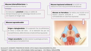 Absceso interesﬁnteriano: Se
realiza esﬁnterotomía interna
limitada.
Si el absceso es proximal se deja un catéter de
drenaje temporal que no sobresalga más de 2 a 3 cm
con respecto al margen anal.
Absceso Isquioanal unilateral: la incisión se
realiza en el sitio más prominente del absceso.
Absceso en herradura: Se realiza una incisión en el
espacio posanal profundo e incisiones
contralaterales en cada fosa isquioanal.
Absceso supraelevador
Origen criptoglandular. Sì la extensión fue vía esﬁnteriana
se drena a través del recto . Sì la extensión fue por vía
transesﬁnteriana, debe drenarse a través de fosa isquioanal.
Origen secundario: Se debe resolver la patología primaria
y el drenaje es transabdominal.
Brunicardi FC. SCHWARTZ. PRINCIPIOS DE CIRUGÍA. 10ª Ed. Madrid. Editorial McGRAW-HILL;2015.
Takahashi T. Colon, recto y ano: enfermedades médico-quirúrgicas . 1 Ed. México. Editorial ETM;
 