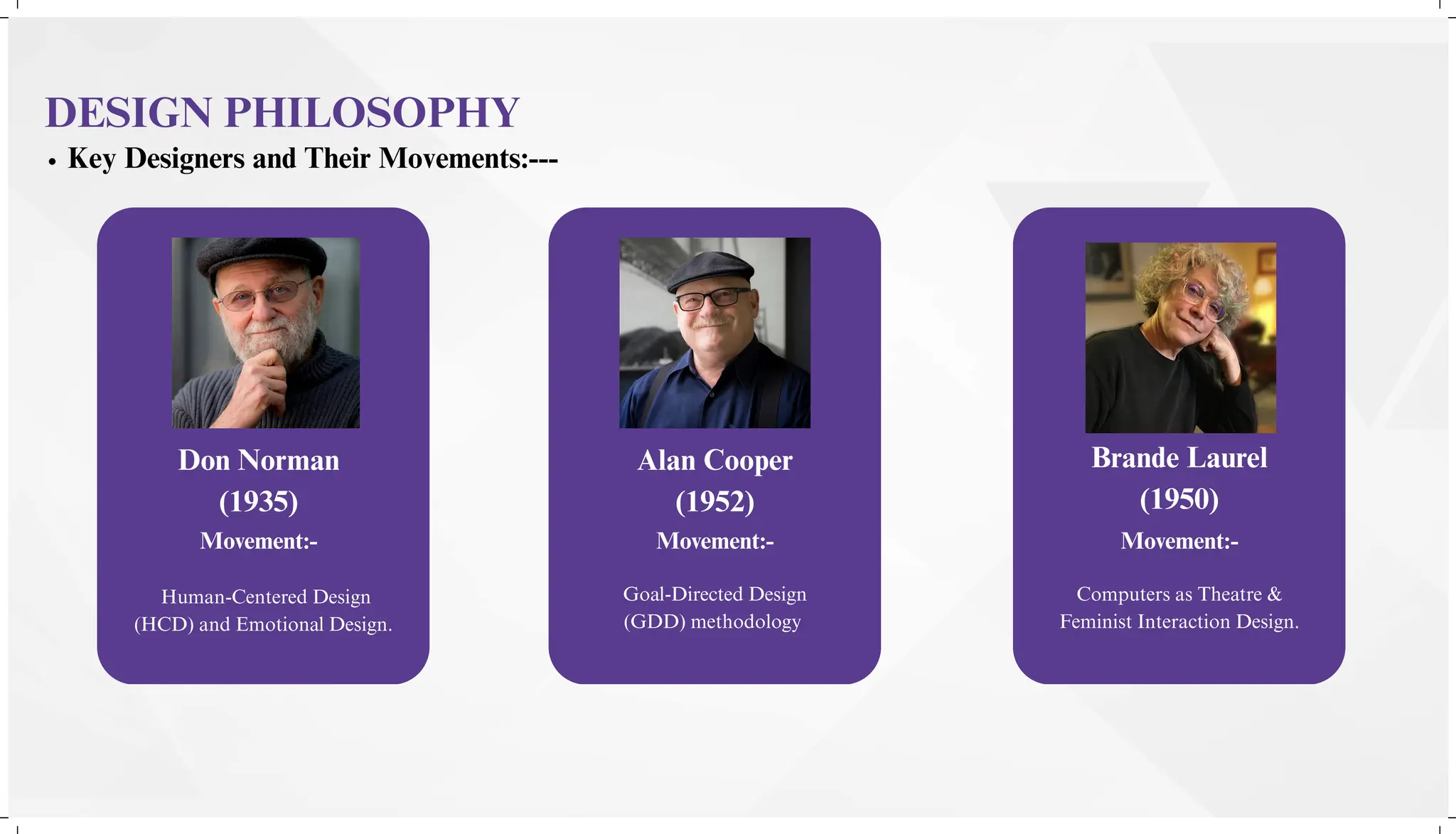 DESIGN PHILOSOPHY
Key Designers and Their Movements:---
Don Norman
(1935)
Movement:-
Human-Centered Design
(HCD) and Emotional Design.
Alan Cooper
(1952)
Movement:-
Goal-Directed Design
(GDD) methodology
Brande Laurel
(1950)
Movement:-
Computers as Theatre &
Feminist Interaction Design.
 