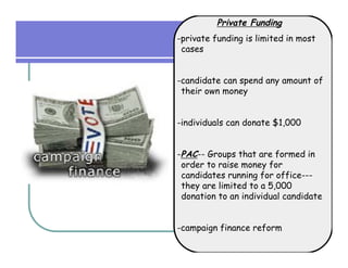Private Funding
-private funding is limited in most
 cases


-candidate can spend any amount of
 their own money


-individuals can donate $1,000


-PAC-- Groups that are formed in
 order to raise money for
 candidates running for office---
 they are limited to a 5,000
 donation to an individual candidate


-campaign finance reform
 