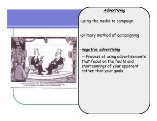 Advertising

-using the media to campaign


-primary method of campaigning


-negative advertising
-- Process of using advertisements
that focus on the faults and
shortcomings of your opponent
rather than your goals
 