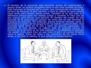  El hombre de la izquierda está haciendo gestos de superioridad y
parece tener un actitud arrogante hacia el que está sentado en frete.
Está haciendo el bloqueo de la visión. que corresponde al intento del
cerebro de bloquear al otro hombre, y tiene la cabeza un poco echada
hacia atrás para mirarlo desde arriba. También se ve que está a la
defensiva porque tiene las rodillas juntas y sostiene le vaso con las
dos manos para formar una barrera. El hombre del medio ha sido
excluido de la conversación porque los otros dos no han formado el
triángulo de inclusión. Sin embargo, parece sentirse cómodo, como lo
demuestra el gesto de los pulgares en los bolsillo (superioridad). Está
inclinado hacia atrás en la silla y tiene las piernas separadas, sin
defender la zona genital. La cabeza está en posición neutra. El
hombre de la derecha ya ha oído bastante y ha adoptado la posición
"de salida" (listo para irse) ya que tiene el pie y el cuerpo dirigidos
hacia la salida. Tiene las cejas y las comisuras de los labios hacia
abajo, y también la cabeza, lo que señala su desaprobación.
 