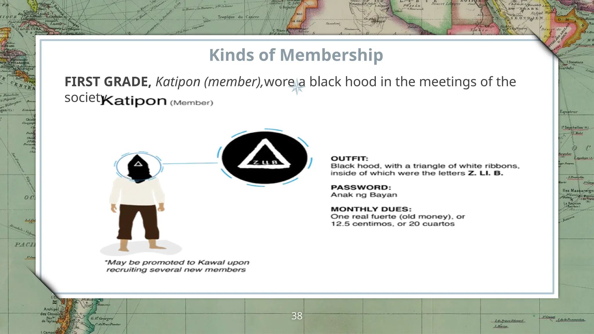 Kinds of Membership
FIRST GRADE, Katipon (member),wore a black hood in the meetings of the
society.
38
 