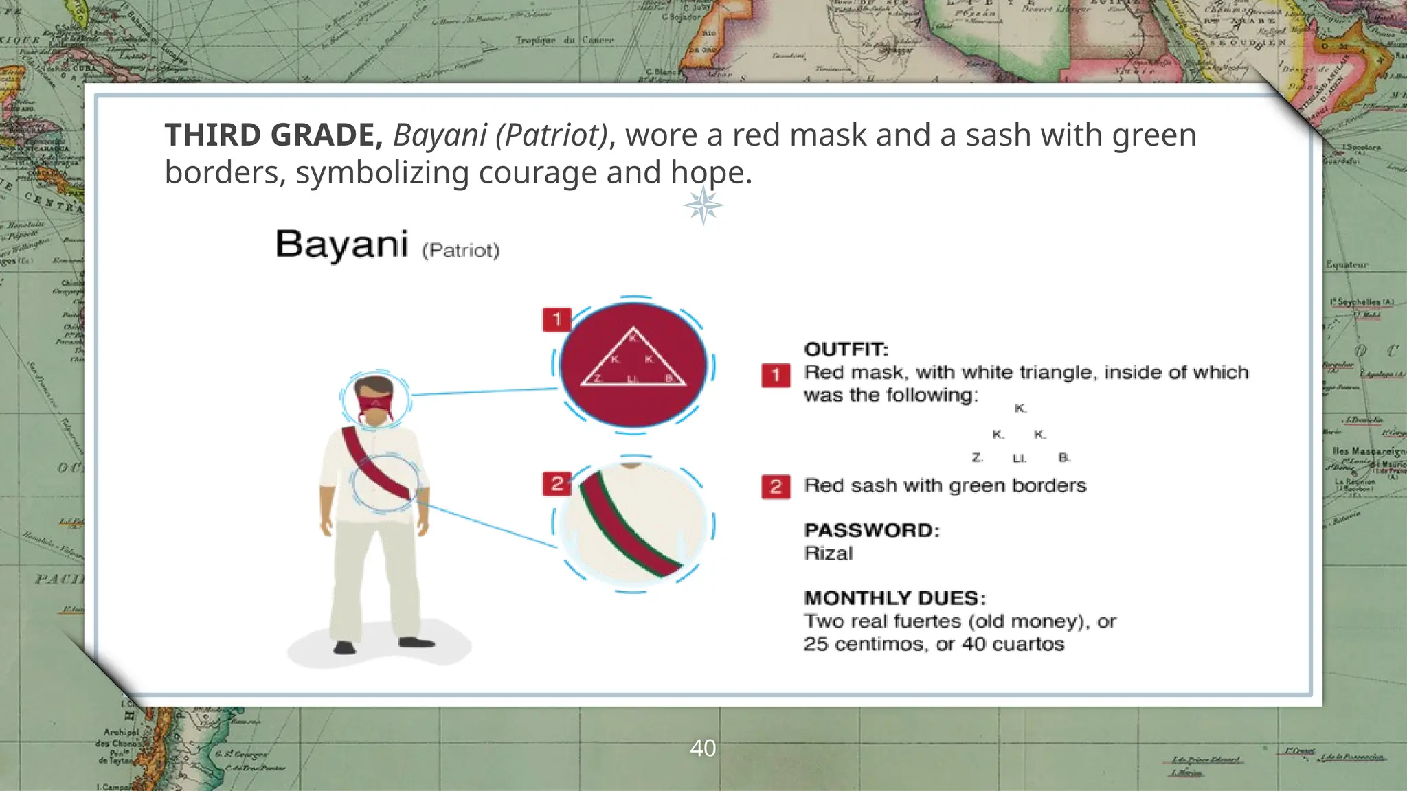 THIRD GRADE, Bayani (Patriot), wore a red mask and a sash with green
borders, symbolizing courage and hope.
40
 