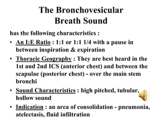 The Bronchovesicular
Breath Sound
has the following characteristics :
• An I:E Ratio : 1:1 or 1:1 1/4 with a pause in
between inspiration & expiration
• Thoracic Geography : They are best heard in the
1st and 2nd ICS (anterior chest) and between the
scapulae (posterior chest) - over the main stem
bronchi
• Sound Characteristics : high pitched, tubular,
hollow sound
• Indication : an area of consolidation - pneumonia,
atelectasis, fluid infiltration
 