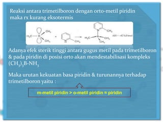 Reaksi antara trimetilboron dengan orto-metil piridin
maka rx kurang eksotermis
Adanya efek sterik tinggi antara gugus metil pada trimetilboron
& pada piridin di posisi orto akan mendestabilisasi kompleks
(CH3)3B-NH3
Maka urutan kekuatan basa piridin & turunannya terhadap
trimetilboron yaitu :
m-metil piridin > o-metil piridin ≈ piridin
 