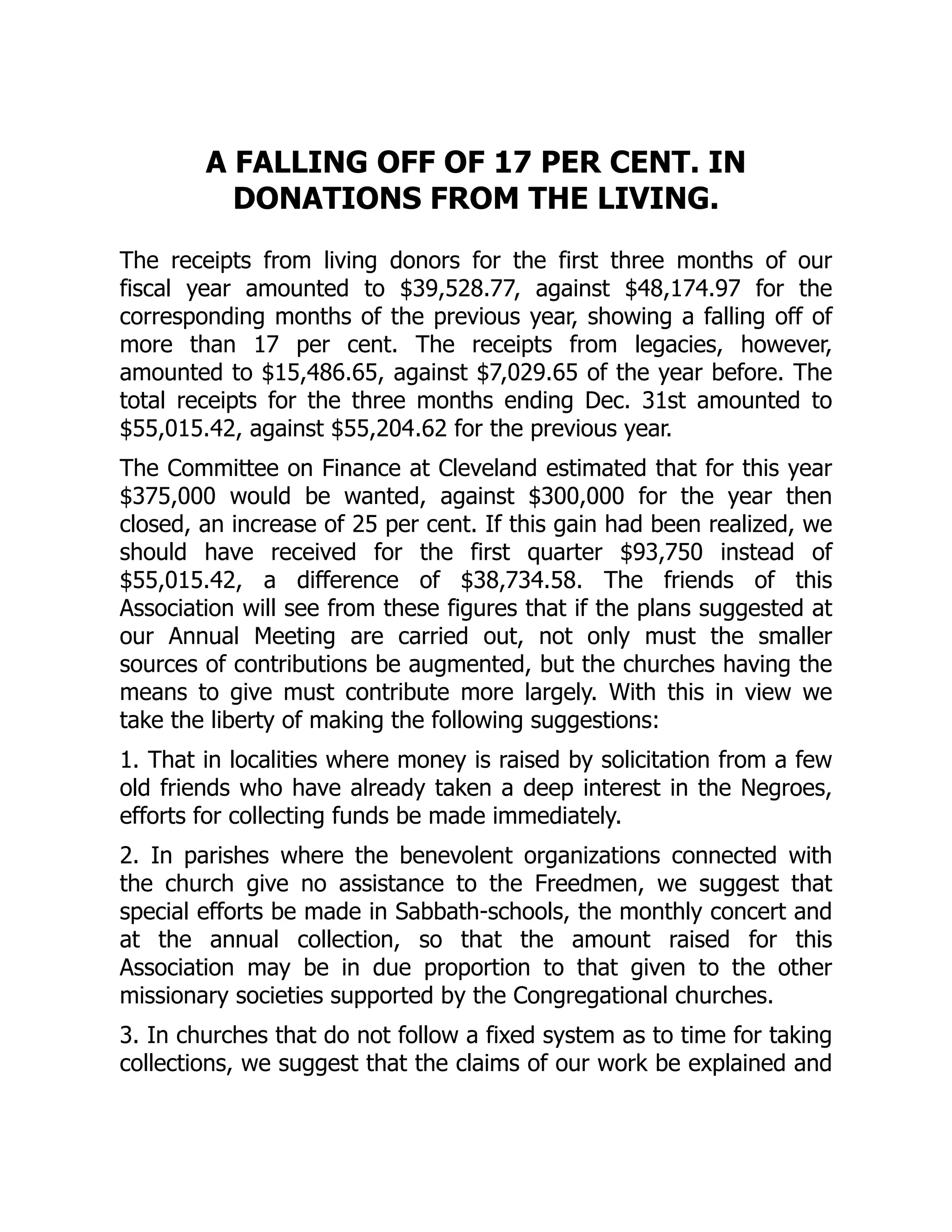 A FALLING OFF OF 17 PER CENT. IN
DONATIONS FROM THE LIVING.
The receipts from living donors for the first three months of our
fiscal year amounted to $39,528.77, against $48,174.97 for the
corresponding months of the previous year, showing a falling off of
more than 17 per cent. The receipts from legacies, however,
amounted to $15,486.65, against $7,029.65 of the year before. The
total receipts for the three months ending Dec. 31st amounted to
$55,015.42, against $55,204.62 for the previous year.
The Committee on Finance at Cleveland estimated that for this year
$375,000 would be wanted, against $300,000 for the year then
closed, an increase of 25 per cent. If this gain had been realized, we
should have received for the first quarter $93,750 instead of
$55,015.42, a difference of $38,734.58. The friends of this
Association will see from these figures that if the plans suggested at
our Annual Meeting are carried out, not only must the smaller
sources of contributions be augmented, but the churches having the
means to give must contribute more largely. With this in view we
take the liberty of making the following suggestions:
1. That in localities where money is raised by solicitation from a few
old friends who have already taken a deep interest in the Negroes,
efforts for collecting funds be made immediately.
2. In parishes where the benevolent organizations connected with
the church give no assistance to the Freedmen, we suggest that
special efforts be made in Sabbath-schools, the monthly concert and
at the annual collection, so that the amount raised for this
Association may be in due proportion to that given to the other
missionary societies supported by the Congregational churches.
3. In churches that do not follow a fixed system as to time for taking
collections, we suggest that the claims of our work be explained and
 