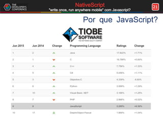 21NativeScript
"write once, run anywhere mobile" com Javascript?
Por que JavaScript?
 
