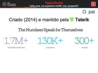 6NativeScript
"write once, run anywhere mobile" com Javascript?
O pai
Criado (2014) e mantido pela Telerik
 