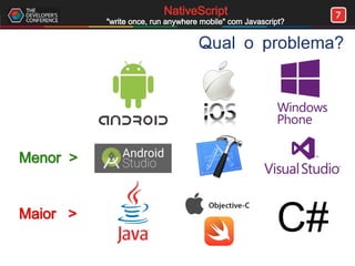 7NativeScript
"write once, run anywhere mobile" com Javascript?
Qual o problema?
Menor >Menor >
Maior >Maior >
 