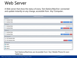 Medical Section | Work accedients required papers for refund process | June 2015PPE, Test Technik, Summer Internship Program 2016
Web Server
A Web server that show the status of every Test Station/Machine connected
and update instantly on any change, accessible from ‘Any’ Computer..
Test Stations/Machines are Accessible From ‘Any’ Mobile Phone Or even
Tablet too..
 