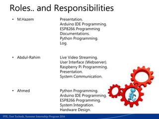 Medical Section | Work accedients required papers for refund process | June 2015PPE, Test Technik, Summer Internship Program 2016
Roles.. and Responsibilities
• M.Hazem Presentation.
Arduino IDE Programming.
ESP8266 Programming
Documentations.
Python Programming.
Log.
• Abdul-Rahim Live Video Streaming.
User Interface (Webserver).
Raspberry Pi Programming.
Presentation.
System Communication.
• Ahmed Python Programming.
Arduino IDE Programming.
ESP8266 Programming.
System Integration.
Hardware Design.
 