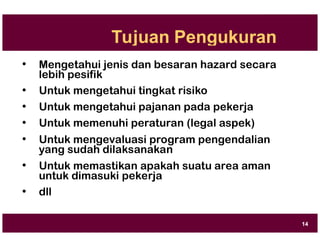 Tujuan Pengukuran
• Mengetahui jenis dan besaran hazard secara
lebih pesifik
• Untuk mengetahui tingkat risiko
• Untuk mengetahui pajanan pada pekerja
• Untuk memenuhi peraturan (legal aspek)
• Untuk mengevaluasi program pengendalian
yang sudah dilaksanakan
• Untuk memastikan apakah suatu area aman
untuk dimasuki pekerja
• dll
14
 