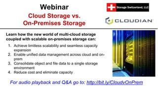 Webinar
Cloud Storage vs.
On-Premises Storage
Learn how the new world of multi-cloud storage
coupled with scalable on-premises storage can:
1. Achieve limitless scalability and seamless capacity
expansion
2. Enable unified data management across cloud and on-
prem
3. Consolidate object and file data to a single storage
environment
4. Reduce cost and eliminate capacity
For audio playback and Q&A go to: http://bit.ly/CloudvOnPrem
 