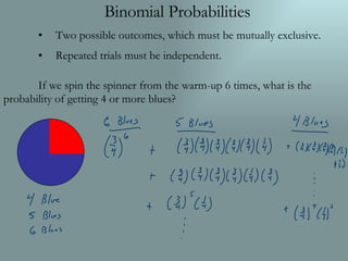 [object Object],[object Object],[object Object],If we spin the spinner from the warm-up 6 times, what is the probability of getting 4 or more blues? 