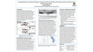 Investigating the Correlation Between Equatorial African Rainfall and Tropical Cyclone Activity in the
North Atlantic Basin
Michael Willette
University of Northern Colorado, MET 452, Spring 2016
Introduction
The North Atlantic’s tropical cyclone season has the
potential to affect millions of people living along the eastern
seaboard of the United States, Mexico, and the Caribbean.
Predicting the variability of tropical cyclone activity each
year is vital for human safety and the protection of economic
interests. Although interdecadel oscillations, such as the
NAO, may be responsible for some of this variability, the
formation and movement of African waves that act as
“seeds” for tropical cyclones is likely more important. This
study acts to investigate this possible correlation between
the North Atlantic tropical cyclone activity and rainfall
anomalies in Equatorial Africa.
Fig. 1. A figure from Jackson, Nicholson, and Klotter (2009) that shows the five-year
mean number of lightning flashes for the year and for the SON season. These areas of
lightning maximas are indicative of the genesis of MCCs and African waves that will move
out to the Atlantic ocean,
Figure 2: A storm track density analysis from Hopsch et al. ((2007) relating the origination of storm tracks in
equatorial Africa to the positioning of tropical cylcone formation in the Atlantic ocean basin. Notice that the
origination comes from two hotspots in northern and central Africa.
Movement into the Atlantic Basin
In order to get a comprehensive analysis of the link between
tropical cyclone genesis in the North Atlantic basin and
rainfall in equatorial (and specifically the Sahel region of
Africa), the location of where these equatorial waves move
off the western African coast into the North Atlantic is vital.
Hopsch et. al. (2006) state that there is year-to-year
variability in the positioning of the storm tacks of equatorial
waves as they move off the coast of western Africa.
Although SSTs and west African Rainfall can explain some of
the variability, variation of the meridional wind shows the
strongest positive correlation with tropical cyclone activity in
year-to-year time scales. (Hopsch et. al., 2006) There ends
up being two sources for storm tracks over the Atlantic;
north and south of 15˚N in North Africa (Hopsch et. al.,
2006), and that the southern storm track provides the
highest amount of tropical cyclone activity.
The Origination of African Waves
The western portion of equatorial Africa undergoes some of
the most unstable processes leading to intense
thunderstorms and arguably some of the least understood.
The climate is warm, wet, and volatile meteorologically. The
area of maximum radiation from the sun and its associated
ITCZ Studies show that wind patterns largely drive the
location and intensity of these convective events. With the
core at 600mb, the positioning of the African Easterly Jet
corresponds well with convective and lightning maximums in
equatorial Africa. (Jackson et. al., 2009) Specifically, the
location of the right front quadrant of jet streaks associated
with the African Easterly Jet appears to focus the most
intense convective development. (Jackson et. al., 2009)
Figure 3: A comparison of Burundi Highlands Precipitation Anolamlies from data produced by Bonnefille and
Chalie (2000) on the left and a statistical model of tropical cyclone activity from Mann et al. (2009). Both sets of
data were then compiled in Excel in this study. There are some correlations between the two plots, mostly being
correlations when precipitation and tropical cyclone activity are both low.
Discussion of Methods and Results
To investigate this correlation, a comparison of data
sets between two studies is used. Paleo-pollen proxy
data from Bonnefille and Chalie (2000) is compared
with a statistical model produced by Mann et al.
(2009). The results are shown in figure 3 and some
interesting correlations (or lack thereof) are seen.
• Positive correlations are hard to find. A good
correlation can be seen at 600 AD.
• There seems to be some sort of lag in correlations,
but is hard to determine.
• Negative anomalies seem to correlate better than
positive anomalies
• The decrease in tropical cyclone activity starting at
1000AD is not reflected in the precipitation
anomalies
• The lack of data points in the precipitation
anomalies makes it hard for correlation with the
statistical model
Summary
Overall, there is evidence for correlation between
equatorial rainfall in Africa and tropical cyclone activity
in the North Atlantic. Theoretically, there should be a
nice correlation between the two regions with time
periods of high equatorial African rainfall correlating
with areas of high tropical cyclone activity and vice
versa. There are areas of local minima in the TA activity
that correlate with minima’s in rainfall in Africa,
specifically at 1380AD, 1150 AD, and 580 AD. Since low
rainfall in Equatorial Africa would produce fewer
waves that propagate out to the eastern Atlantic and
provide the “seeds” for tropical cyclone development,
less tropical cyclones would form. What is interesting is
that this correlation does not apply to maximas.
Possibly, there are other forces that are responsible for
letting these equatorial waves become tropical
cyclones, such as wind shear, sea surface
temperatures, and multi-decadal weather/ocean
patterns not investigated in this study.
References
Hopsch, S. B., Thorncroft, C. D., Hodges, K. and Aiyyer, A., 2007: West African storm
tracks and their relationship to Atlantictropical
cyclones. J. Climate, 20, 2468-2483, doi: 10.1175/JCLI4139.1
Bonnefille, R., Chalie, F., 2000: Pollen-inferredtime-series from equatorial
mountains, Africa, the last 40 kyr BP. Global and Planetary
Climate Change, 26, 25-50.
Mann, M. E , Kozar, M. E.,. Emanuel, K. A., and Evans, J. L., 2009: Long-term
variations of North Atlantic tropicalcyclone activity
downscaled from a coupled model simulation of the last
millennium.Journal of Geophysical Research: Atmospheres, 118,
13383-13392.
 